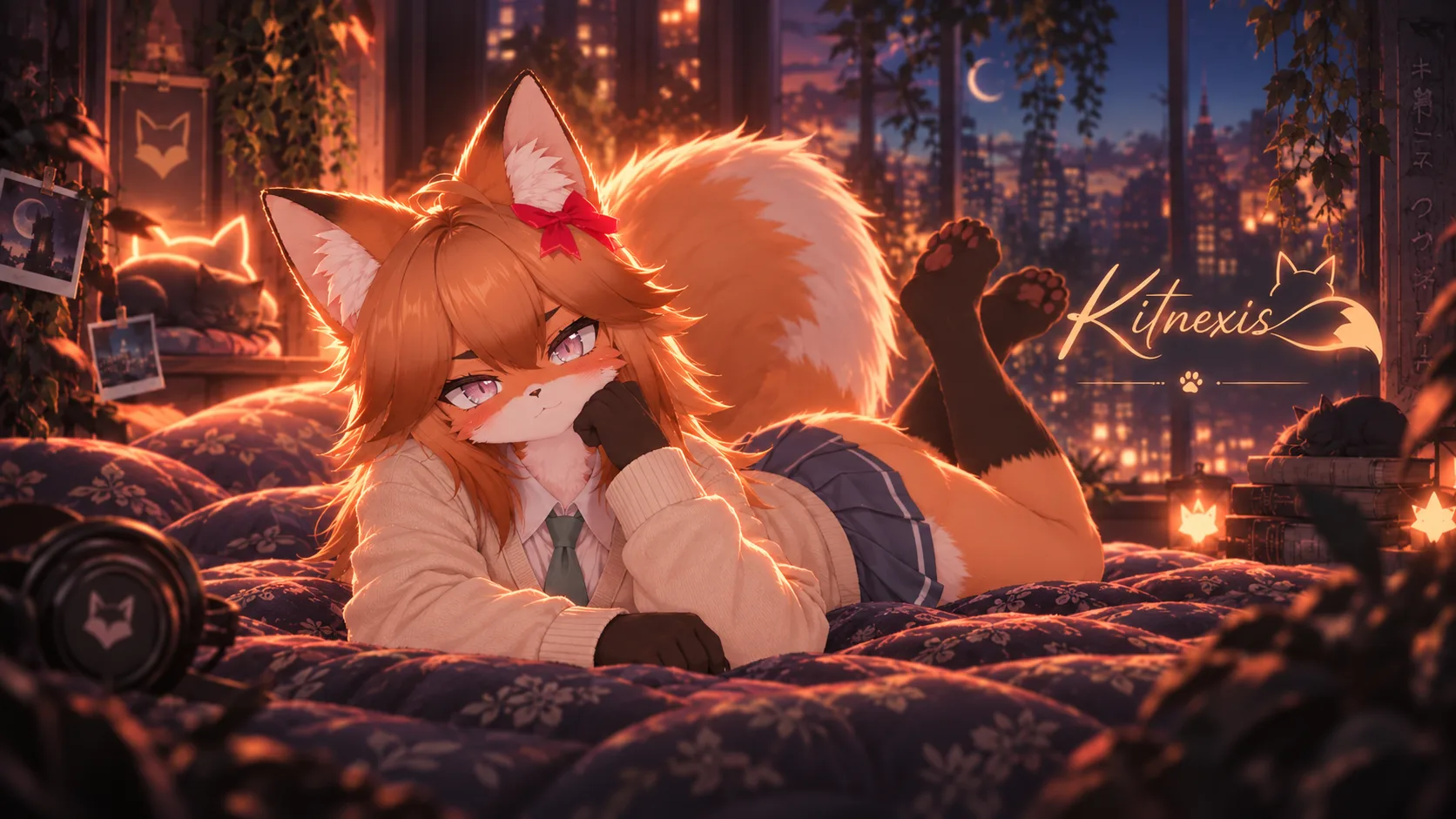 Kitnexis banner: the fox lying on a bed in a cosy room at night, city lights outside