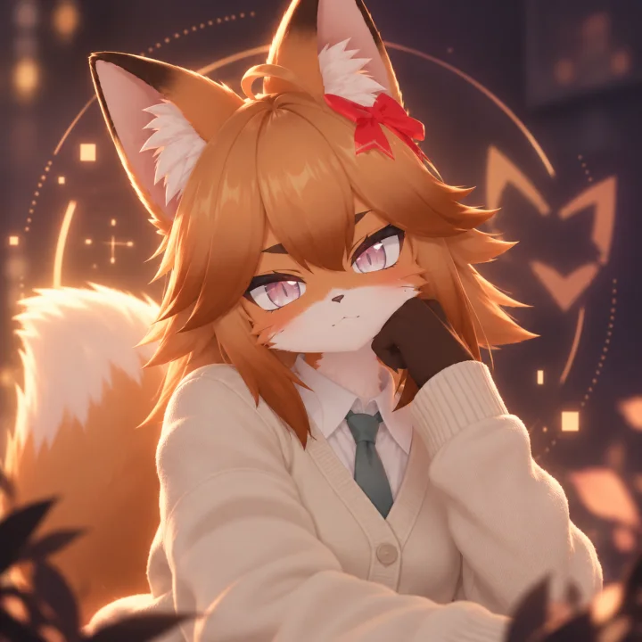 Profile picture: an orange fox with a red bow, chin resting on one paw